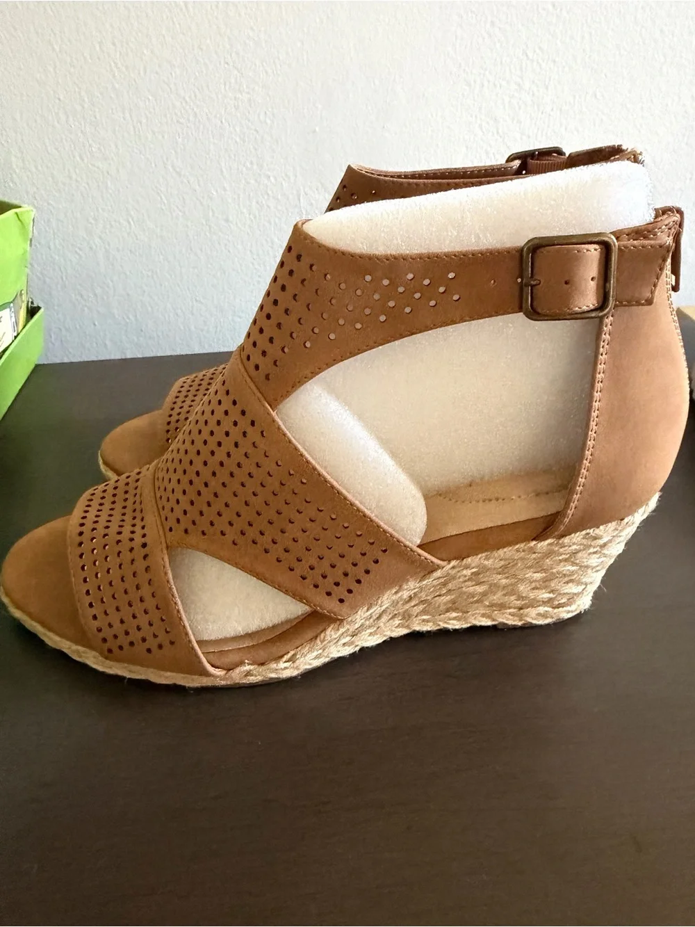 Easy Street Tan Perforated Espadrille Wedge Sandals